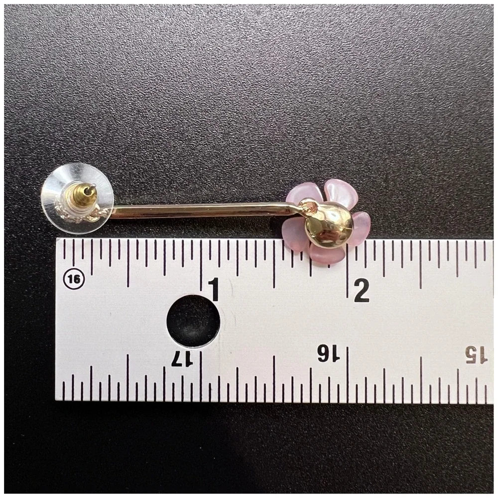 Pink Flower Drop Earrings Gold Tone Pave Rhinestone Resin Floral‎ Dangle Spring